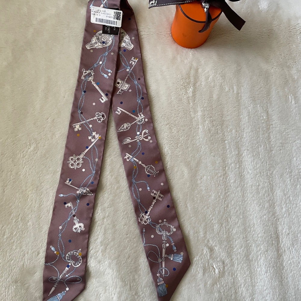 Hermes Twilly Scarf in Brown with Silver and Blue Accents